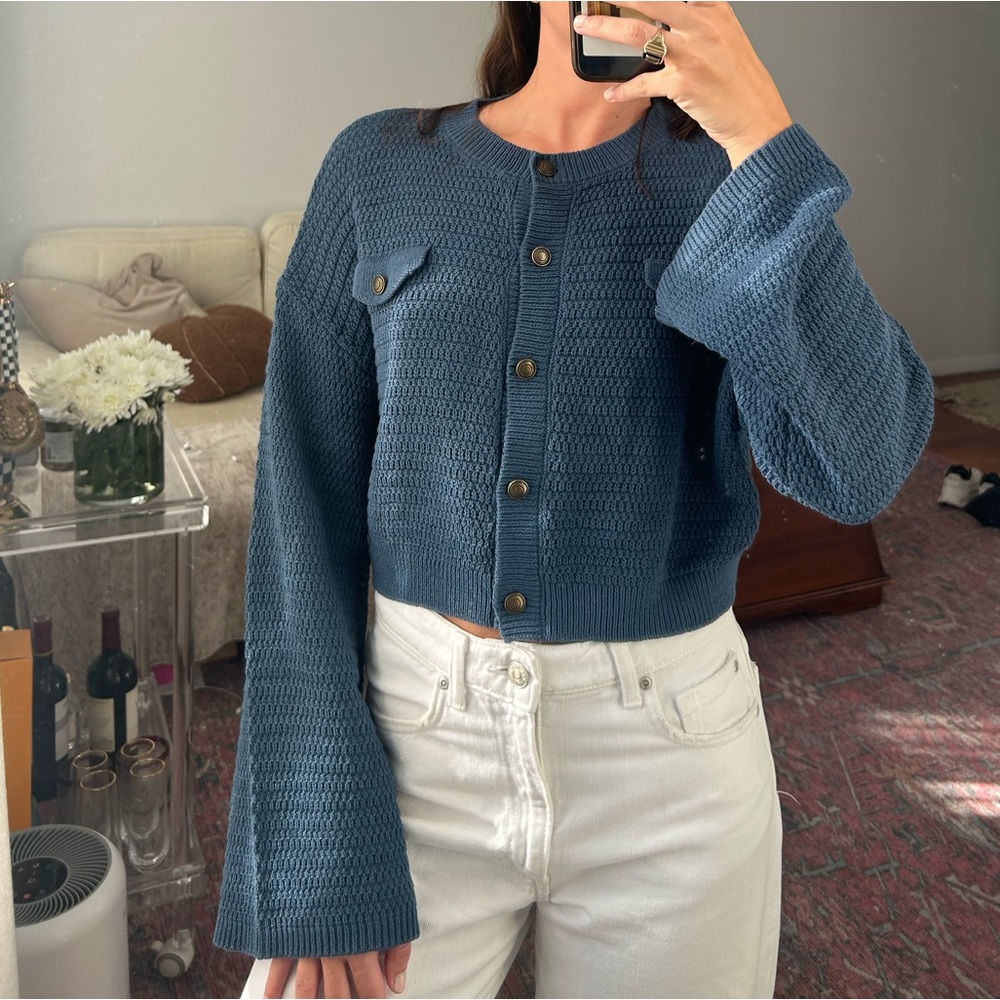 Zara Blue Knit Cropped Cardigan